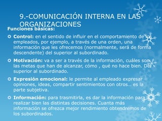 9.-COMUNICACIÓN INTERNA EN LAS
     ORGANIZACIONES
Funciones básicas:
 Control: en el sentido de influir en el comportamiento de los
  empleados, por ejemplo, a través de una orden, una
  información que les ofrecemos (normalmente, será de forma
  descendente) del superior al subordinado.
 Motivación: va a ser a través de la información, cuáles son
  las metas que han de alcanzar, cómo , qué no hace bien. Del
  superior al subordinado.
 Expresión emocional: le permite al empleado expresar
  opiniones, ideas, compartir sentimientos con otros… es la
  parte subjetiva.
 Información: para trasmitirla, es dar la información para
  realizar bien las distintas decisiones. Cuanta más
  información se ofrezca mejor rendimiento obtendremos de
  los subordinados.
 