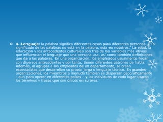  4.-Lenguaje: la palabra significa diferentes cosas para diferentes personas. “El
  significado de las palabras no está en la palabra, esta en nosotros.” La edad, la
  educación y los antecedentes culturales son tres de las variables más obvias
  que influencian el lenguaje que una persona usa, así como también definiciones
  que da a las palabras. En una organización, los empleados usualmente llegan
  con diversos antecedentes y por tanto, tienen diferentes patrones de habla.
  Además, al agrupar a los empleados de un departamento, se crean
  especialistas que desarrollan su propia jerga o lenguaje técnico. En grandes
  organizaciones, los miembros a menudo también se dispersan geográficamente
  - aun para operar en diferentes países - y los individuos de cada lugar usaran
  los términos y frases que son únicos en su área.
 