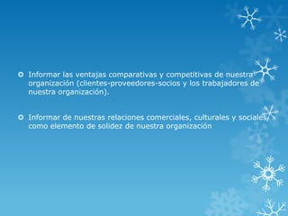  Informar las ventajas comparativas y competitivas de nuestra
  organización (clientes-proveedores-socios y los trabajadores de
  nuestra organización).


 Informar de nuestras relaciones comerciales, culturales y sociales
  como elemento de solidez de nuestra organización
 