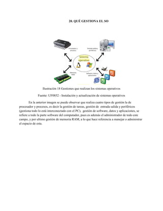 20. QUÉ GESTIONA EL SO
Ilustración 18 Gestiones que realizan los sistemas operativos
Fuente: UF0852 - Instalación y actualización de sistemas operativos
En la anterior imagen se puede observar que realiza cuatro tipos de gestión la de
procesador y procesos, es decir la gestión de tareas, gestión de entrada salida y periféricos
(gestiona todo lo está interconectado con el PC), gestión de software, datos y aplicaciones, se
refiere a todo la parte software del computador, pues es además el administrador de todo este
campo, y por ultimo gestión de memoria RAM, a lo que hace referencia a manejar o administrar
el espacio de esta.
 