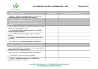 CUESTIONARIO AUDITORÍA INTERNA ISO 9001:2008 Página 10 de 19
www.hederaconsultores.com // hedera@hederaconsultores.com
http://hederaconsultores.blogspot.com
REQUISITOS ISO 9001:2008 CUMPLIMIENTO EVIDENCIAS Y OBSERVACIONES
¿Dispone la organización de una planificación de procesos de
producción teniendo en cuenta los requisitos del cliente?
7.2 Procesos relacionados con el cliente
7.2.1 Determinación de los requisitos relacionados con el
producto
¿Se encuentran documentados los requisitos del cliente, incluyendo
condiciones de entrega y posteriores?
¿Se han definido requisitos no especificados por el cliente pero
propios del producto o servicio?
¿Se han definido los requisitos legales o reglamentarios del
producto?
¿Existe una metodología definida para la determinación de estos
requisitos?
¿Se cumple con los requisitos específicos de la metodología?
7.2.2 Revisión de los requisitos relacionados con el producto
¿Se encuentra descrita la metodología, momento y responsabilidades
para la revisión de los requisitos del cliente?
¿Se cumple con los requisitos específicos de la metodología?
¿Existe evidencia de la revisión de los requisitos?
¿Existe una metodología definidada para el tratamiento de
modificaciones de ofertas y contratos?
 