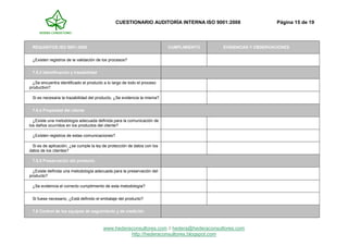 CUESTIONARIO AUDITORÍA INTERNA ISO 9001:2008 Página 15 de 19
www.hederaconsultores.com // hedera@hederaconsultores.com
http://hederaconsultores.blogspot.com
REQUISITOS ISO 9001:2008 CUMPLIMIENTO EVIDENCIAS Y OBSERVACIONES
¿Existen registros de la validación de los procesos?
7.5.3 Identificación y trazabilidad
¿Se encuentra identificado el producto a lo largo de todo el proceso
productivo?
Si es necesaria la trazabilidad del producto, ¿Se evidencia la misma?
7.5.4 Propiedad del cliente
¿Existe una metodología adecuada definida para la comunicación de
los daños ocurridos en los productos del cliente?
¿Existen registros de estas comunicaciones?
Si es de aplicación, ¿se cumple la ley de protección de datos con los
datos de los clientes?
7.5.5 Preservación del producto
¿Existe definida una metodología adecuada para la preservación del
producto?
¿Se evidencia el correcto cumplimiento de esta metodología?
Si fuese necesario, ¿Está definido el embalaje del producto?
7.6 Control de los equipos de seguimiento y de medición
 