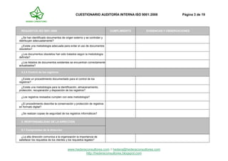 CUESTIONARIO AUDITORÍA INTERNA ISO 9001:2008 Página 3 de 19
www.hederaconsultores.com // hedera@hederaconsultores.com
http://hederaconsultores.blogspot.com
REQUISITOS ISO 9001:2008 CUMPLIMIENTO EVIDENCIAS Y OBSERVACIONES
¿Se han identificado documentos de origen externo y se controlan y
distribuyen adecuadamente?
¿Existe una metodología adecuada para evitar el uso de documentos
obsoletos?
¿Los documentos obsoletos han sido tratados según la metodología
definida?
¿Los listados de documentos existentes se encuentran correctamente
actualizados?
4.2.4 Control de los registros
¿Existe un procedimiento documentado para el control de los
registros?
¿Existe una metodología para la identificación, almacenamiento,
protección, recuperación y disposición de los registros?
¿Los registros revisados cumplen con esta metodología?
¿El procedimiento describe la conservación y protección de registros
en formato digital?
¿Se realizan copias de seguridad de los registros informáticos?
5. RESPONSABILIDAD DE LA DIRECCIÓN
5.1 Compromiso de la dirección
¿La alta dirección comunica a la organización la importancia de
satisfacer los requisitos de los clientes y los requisitos legales?
 
