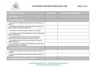 CUESTIONARIO AUDITORÍA INTERNA ISO 9001:2008 Página 5 de 19
www.hederaconsultores.com // hedera@hederaconsultores.com
http://hederaconsultores.blogspot.com
REQUISITOS ISO 9001:2008 CUMPLIMIENTO EVIDENCIAS Y OBSERVACIONES
5.4 Planificación
5.4.1 Objetivos de la calidad
¿Los objetivos de la calidad están de acuerdo a las directrices de la
política?
¿Los objetivos se han fijado en funciones y niveles adecuados que
ofrezcan mejora continua de la organización?
¿Los objetivos son medibles y están asociados a un indicador?
¿Los objetivos se encuentran desarrollados en planes de actividades
para su cumplimineto?
¿Se encuentran definidos los recursos, las fechas previstas y
responsabilidades para las actividades del plan de objetivos?
¿Los objetivos evidencian mejora continua respecto a valores de
periodos anteriores?
¿Las actividades de los objetivos y el seguimiento de los mismos se
está realizando según lo planificado?
5.4.2 Planificación del sistema de gestión de la calidad
¿Se encuentran planificados los procesos del sistema de gestión de
la calidad?
¿Se encuentran planificados los objetivos del sistema de gestión de
la calidad?
5.5 Responsabilidad, autoridad y comunicación
 