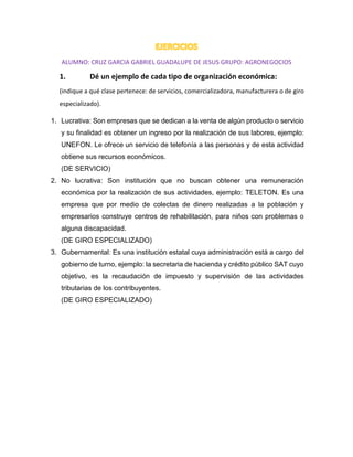 ALUMNO: CRUZ GARCIA GABRIEL GUADALUPE DE JESUS GRUPO: AGRONEGOCIOS
1. Dé un ejemplo de cada tipo de organización económica:
(indique a qué clase pertenece: de servicios, comercializadora, manufacturera o de giro
especializado).
1. Lucrativa: Son empresas que se dedican a la venta de algún producto o servicio
y su finalidad es obtener un ingreso por la realización de sus labores, ejemplo:
UNEFON. Le ofrece un servicio de telefonía a las personas y de esta actividad
obtiene sus recursos económicos.
(DE SERVICIO)
2. No lucrativa: Son institución que no buscan obtener una remuneración
económica por la realización de sus actividades, ejemplo: TELETON. Es una
empresa que por medio de colectas de dinero realizadas a la población y
empresarios construye centros de rehabilitación, para niños con problemas o
alguna discapacidad.
(DE GIRO ESPECIALIZADO)
3. Gubernamental: Es una institución estatal cuya administración está a cargo del
gobierno de turno, ejemplo: la secretaria de hacienda y crédito público SAT cuyo
objetivo, es la recaudación de impuesto y supervisión de las actividades
tributarias de los contribuyentes.
(DE GIRO ESPECIALIZADO)
 