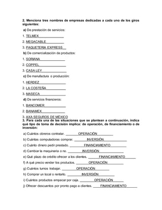 2. Menciona tres nombres de empresas dedicadas a cada uno de los giros
siguientes:
a) De prestación de servicios:
1. TELMEX______________
2. MEGACABLE__________
3. PAQUETERIA EXPRESS__
b) De comercialización de productos:
1. SORIANA______________
2. COPPEL_______________
3. CASA LEY______________
c) De manufactura o producción:
1. HERDEZ_______________
2. LA COSTEÑA___________
3. MASECA ______________
d) De servicios financieros:
1. BANCOMER____________
2. BANAMEX_____________
3. AXA SEGUROS DE MÉXICO
3. Para cada una de las situaciones que se plantean a continuación, indica
qué tipo de toma de decisión implica: de operación, de financiamiento o de
inversión:
a) Cuántos obreros contratar. _______OPERACIÓN_________
b) Cuántas computadoras comprar. _______INVERSIÓN_____________
c) Cuánto dinero pedir prestado. ________FINANCIAMIENTO_________
d) Cambiar la maquinaria o no. ________INVERSIÓN _____________
e) Qué plazo de crédito ofrecer a los clientes. ______FINANCIAMIENTO______
f) A qué precio vender los productos. _______OPERACIÓN_________
g) Cuántos turnos trabajar. ________OPERACIÓN________
h) Comprar un local o rentarlo. ________INVERSIÓN_________
i) Cuántos productos empacar por caja. ________OPERACIÓN______
j) Ofrecer descuentos por pronto pago a clientes. ____FINANCIAMIENTO______
 