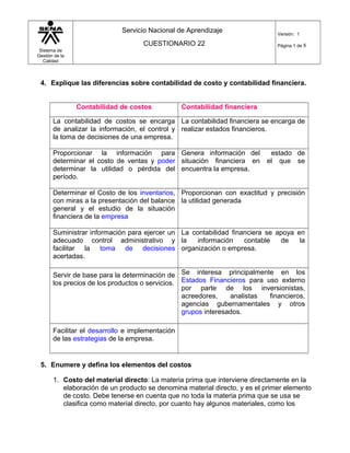 Sistema de
Gestión de la
Calidad
Servicio Nacional de Aprendizaje
CUESTIONARIO 22
Versión: 1
Página 1 de 8
4. Explique las diferencias sobre contabilidad de costo y contabilidad financiera.
Contabilidad de costos Contabilidad financiera
La contabilidad de costos se encarga
de analizar la información, el control y
la toma de decisiones de una empresa.
La contabilidad financiera se encarga de
realizar estados financieros.
Proporcionar la información para
determinar el costo de ventas y poder
determinar la utilidad o pérdida del
período.
Genera información del estado de
situación financiera en el que se
encuentra la empresa.
Determinar el Costo de los inventarios,
con miras a la presentación del balance
general y el estudio de la situación
financiera de la empresa
Proporcionan con exactitud y precisión
la utilidad generada
Suministrar información para ejercer un
adecuado control administrativo y
facilitar la toma de decisiones
acertadas.
La contabilidad financiera se apoya en
la información contable de la
organización o empresa.
Servir de base para la determinación de
los precios de los productos o servicios.
Se interesa principalmente en los
Estados Financieros para uso externo
por parte de los inversionistas,
acreedores, analistas financieros,
agencias gubernamentales y otros
grupos interesados.
Facilitar el desarrollo e implementación
de las estrategias de la empresa.
5. Enumere y defina los elementos del costos
1. Costo del material directo: La materia prima que interviene directamente en la
elaboración de un producto se denomina material directo, y es el primer elemento
de costo. Debe tenerse en cuenta que no toda la materia prima que se usa se
clasifica como material directo, por cuanto hay algunos materiales, como los
 