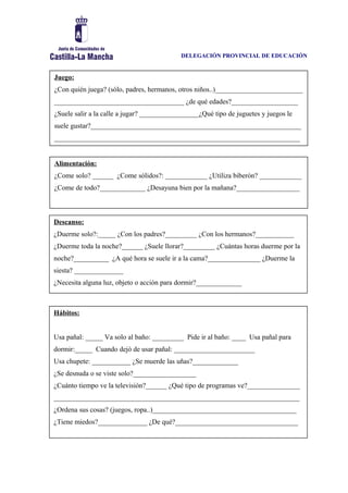 DELEGACIÓN PROVINCIAL DE EDUCACIÓN
.
Juego:
¿Con quién juega? (sólo, padres, hermanos, otros niños..)_________________________
_____________________________________ ¿de qué edades?___________________
¿Suele salir a la calle a jugar? _________________¿Qué tipo de juguetes y juegos le
suele gustar?____________________________________________________________
______________________________________________________________________
Alimentación:
¿Come solo? ______ ¿Come sólidos?: ____________ ¿Utiliza biberón? ____________
¿Come de todo?_____________ ¿Desayuna bien por la mañana?__________________
Descanso:
¿Duerme solo?:_____ ¿Con los padres?_________ ¿Con los hermanos?___________
¿Duerme toda la noche?______ ¿Suele llorar?_________ ¿Cuántas horas duerme por la
noche?__________ ¿A qué hora se suele ir a la cama?_______________ ¿Duerme la
siesta? ______________
¿Necesita alguna luz, objeto o acción para dormir?_____________
______________________________________________________________________
Hábitos:
Usa pañal: _____ Va solo al baño: _________ Pide ir al baño: ____ Usa pañal para
dormir:_____ Cuando dejó de usar pañal: _______________________
Usa chupete: ___________ ¿Se muerde las uñas?_____________
¿Se desnuda o se viste solo?__________________
¿Cuánto tiempo ve la televisión?______ ¿Qué tipo de programas ve?_______________
______________________________________________________________________
¿Ordena sus cosas? (juegos, ropa..)_________________________________________
¿Tiene miedos?______________ ¿De qué?___________________________________
 