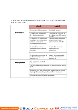 5. DESCRIBA AL MENOS TRES DIFERENCIAS Y TRES SEMEJANZAS ENTRE
MITOSIS Y MEIOSIS.
Diferencias
mitosis meiosis
División de células somáticas División de gametos
El producto de la división es
de 2 células hijas iguales
El producto de la meiosis es
de 4 células hijas diferentes a
la madre.
En la mitosis los cromosomas
homólogos no se entrecruzan
Los cromosomas homólogos
se recombinan al azar.
la mitosis ocurre en las
células haploides y diploides
la miosis solo en diploides
En la anafase ocurre la
separación de las cromátidas
hermanas.
En la anafase ocurre la
separación de los
cromosomas
El número de cromosomas de
las dos células hijas son
diploides (2n).
Número de cromosomas de
las cuatro células hijas son
haploides (n).
Semejanzas
Hay duplicación del DNA
Para su reproducción necesitan de los cromosomas que poseen
DNA.
En las dos tipos de división celular se encuentran las mismas
etapas: profase, metafase, anafase, telofase y citocinesis.
Ambas presentan cromosomas homólogos.
 