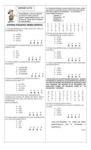 ACTIVIDAD EVALUATIVA PRUEBA COGNITIVA:
1.- Si la probabilidad que no llueva es del 65%. Cuál es la
probabilidad de que llueva.
 a)100%
 b) 0,65
 c)0,35
 d) 65%. a b c d
0 0 0 0
2.- Cuántas palabras se pueden formar con las letras de la
palabra CASA.
 a)1
 b)12
 c) 24
 d)4 a b c d
0 0 0 0
3.- Cuantas palabras se pueden formar con la palabra
Barranquilla
 a)479001600
 b)19958400
 c) 9979200
 d) 19958400 a b c d
0 0 0 0
4.-Cual es la probabilidad que al lanzar dos dados se
obtenga una suma igual 10?
 a) 5,56%
 b) 11,11%.
 c) 2,78%
 d)8,33% a b c d
0 0 0 0
5) En la cafetería del colegio están preguntando a los
estudiantes por el número de órdenes de 4 de los sabores
de gaseosas favoritas: piña, cola, manzana, Pepsi y coca
cola.(permute)
Que le contestarías:
 a)5
 b)20
 c)60
 d)120 a b c d
0 0 0 0
6) Cuantos grupos se pueden formar con la combinación de
tres letras de la palabra PALO.
 a)12
 b)4
 c)1
 d)24 a b c d
0 0 0 0
La Institución Educativa nuestra Señora del Carmen realizó
una encueta en lo grados novenos sobre la materia preferida.
Para ello se eligieron 50 estudiantes . El encuestador a
cargo clasifico los datos en :
Español : E
Matemática : M
Religión: R
Informática : I
E I E M E E E E E I
R E M R M R M M M I
E I R R R R R E I R
I E I R E M R R R E
R R M R M E M E R E
Con base en la situación anterior contesta :
7.- La probabilidad que le gusten todas es :
 a)34%
 b) 20%.
 c)32%
 d) 100% a b c d
0 0 0 0
8.- Cuál es la probabilidad que un estudiante le guste
matemática:
 a)14%
 b)32%
 c)20%
 d) 34%. a b c d
0 0 0 0
9.- Cuál es la probabilidad que le guste el área relacionada
con FRANCISCO I.
 a)20%
 b)34%
 c)14%
 d) 32%. a b c d
0 0 0 0
LOS RECTORES DE LAS INSTITUCIONES EDUCATIVAS QUIEREN
DETERMINAR EL GENERO DE LOS ESTUDIANTES QUE ASISTEN A
LOS SITIOS DE INTERNET DEL MUNICIPIO DE AGUACHICA, PARA
ELLO TOMARON UNA MUESTRA DE 60 ESTUDIANTES LOS
RESULTADOS FUERON LOS SIGUIENTES, DONDE M : ES
MASCULINO, F : FEMENINO .
M M F F M M F F F M
M F F M F F F M F M
F M F M M M F F M F
M F F M F F F M M M
F M F M F M F F F M
M F F M F F F M M M
Con base en la situación anterior contesta :
10.- Cuál es la probabilidad que al escogen un estudiantes, este
sea mujer:
 a)47%
 b)46%
 c)53%
 d) 54%. a b c d
0 0 0 0
¡SER LOS MEJORES, ES TAREA DE TODO.
DEMUESTRALO CON SU ACADEMIA Y
DISCIPLINA¡
Cspy/:
IMPORTANTE
Probabilidad: es la ocurrencia de
un suceso o evento, como un
número comprendido entre 0 y 1.Es
el nuero de éxitos sobre el número
de casos posibles.
 