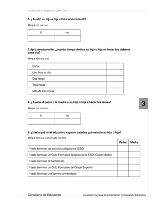 Evaluación de diagnóstico 2006 -2007
Consejería de Educación Dirección General de Ordenación y Evaluación Educativa
3
6. ¿Asistió su hijo o hija a Educación Infantil?
Marque con una cruz
Sí No
7.Aproximadamente, ¿cuánto tiempo dedica su hijo o hija en hacer los deberes
cada día?
Marque sólo una cruz
Nada
Una hora al día.
Dos horas
Tres horas
Más de tres horas
8. ¿Ayuda el padre o la madre a su hijo o hija a hacer las tareas?
Marque con una cruz
Sí No
9. ¿Hasta qué nivel educativo esperan ustedes que estudie su hijo o hija?
Marque sólo una cruz en cada columna
Padre Madre
Hasta terminar los estudios obligatorios (ESO)
Hasta terminar un Ciclo Formativo después de la ESO (Grado Medio)
Hasta terminar el Bachillerato
Hasta terminar un Ciclo Formativo de Grado Superior
Hasta terminar una carrera universitaria
 