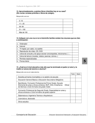 Evaluación de diagnóstico 2006 -2007
Consejería de Educación Dirección General de Ordenación y Evaluación Educativa
5
13. Aproximadamente ¿cuántos libros infantiles hay en su casa?
(Sin contar revistas juveniles o libros de colegio).
Marque sólo una cruz.
0 -10
11 – 25
26 -50
51 – 100
Más de 100
14. Indiquen con una cruz si en el domicilio familiar existen los recursos que se citan
a continuación:
A. Ordenador
B. Internet
C. TV digital, por cable, vía satélite
D. Reproductor de vídeo, CD, DVD
E. Libros de consulta y de apoyo escolar (enciclopedias, diccionarios..).....
F. Libros de lectura (novelas, relatos, poemas, cómics..)
G. Revistas especializadas
H. Prensa diaria
15. ¿Cuál es el nivel educativo más alto que ha terminado el padre (o tutor) y la
madre (o tutora) del alumno o alumna?
Marque sólo una cruz en cada columna
Padre Madre
Estudios primarios incompletos o no asistió a la escuela
Educación General Básica o Educación Secundaria Obligatoria
Bachillerato, Formación Profesional de Primer Grado, Escuela
Elemental de artes y oficios artísticos, BUP, COU, Enseñanza Oficial
de Idiomas o Ciclo formativo de grado medio
Formación Profesional de Segundo Grado, Especialidad en artes y
oficios artísticos o Ciclo formativo de grado superior
Diplomatura o Ingeniería Técnica o Arquitectura
Licenciatura, doctorado
Otros estudios
 