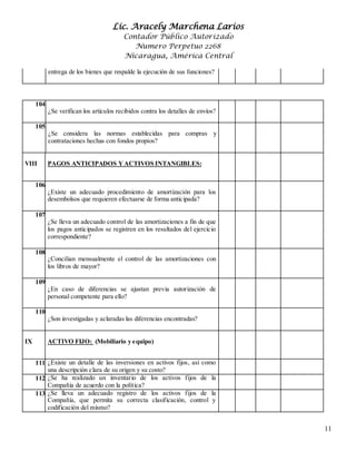 Lic. Aracely Marchena Larios
Contador Público Autorizado
Numero Perpetuo 2268
Nicaragua, América Central
11
entrega de los bienes que respalde la ejecución de sus funciones?
104.
¿Se verifican los artículos recibidos contra los detalles de envíos?
105.
¿Se considera las normas establecidas para compras y
contrataciones hechas con fondos propios?
VIII PAGOS ANTICIPADOS YACTIVOS INTANGIBLES:
106.
¿Existe un adecuado procedimiento de amortización para los
desembolsos que requieren efectuarse de forma anticipada?
107.
¿Se lleva un adecuado control de las amortizaciones a fin de que
los pagos anticipados se registren en los resultados del ejercicio
correspondiente?
108.
¿Concilian mensualmente el control de las amortizaciones con
los libros de mayor?
109.
¿En caso de diferencias se ajustan previa autorización de
personal competente para ello?
110.
¿Son investigadas y aclaradas las diferencias encontradas?
IX ACTIVO FIJO: (Mobiliario y equipo)
111.¿Existe un detalle de las inversiones en activos fijos, así como
una descripción clara de su origen y su costo?
112.¿Se ha realizado un inventario de los activos fijos de la
Compañía de acuerdo con la política?
113.¿Se lleva un adecuado registro de los activos fijos de la
Compañía, que permita su correcta clasificación, control y
codificación del mismo?
 