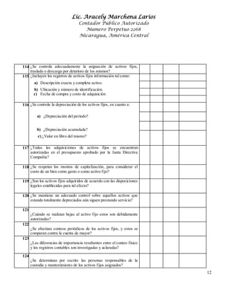 Lic. Aracely Marchena Larios
Contador Público Autorizado
Numero Perpetuo 2268
Nicaragua, América Central
12
114.¿Se controla adecuadamente la asignación de activos fijos,
traslado o descargo por deterioro de los mismos?
115.¿Incluyen los registros de activos fijos información tal como:
a) Descripción exacta y completa activo.
b) Ubicación y número de identificación.
c) Fecha de compra y costo de adquisición
116.¿Se controla la depreciación de los activos fijos, en cuanto a:
a) ¿Depreciación del período?
b) ¿Depreciación acumulada?
c) ¿Valor en libro del mismo?
117.¿Todas las adquisiciones de activos fijos se encuentran
autorizadas en el presupuesto aprobado por la Junta Directiva
Compañía?
118.¿Se respetan los montos de capitalización, para considerar el
costo de un bien como gasto o como activo fijo?
119.¿Son los activos fijos adquiridos de acuerdo con las disposiciones
legales establecidas para tal efecto?
120.¿Se mantiene un adecuado control sobre aquellos activos que
estando totalmente depreciados aún siguen prestando servicio?
121.
¿Cuándo se realizan bajas al activo fijo estos son debidamente
autorizadas?
122.
¿Se efectúan conteos periódicos de los activos fijos, y estos se
comparan contra la cuenta de mayor?
123.
¿Las diferencias de importancia resultantes entre el conteo físico
y los registros contables son investigadas y aclaradas?
124.
¿Se determinan por escrito las personas responsables de la
custodia y mantenimiento de los activos fijos asignados?
 