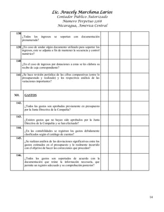 Lic. Aracely Marchena Larios
Contador Público Autorizado
Numero Perpetuo 2268
Nicaragua, América Central
14
138.
¿Todos los ingresos se soportan con documentación
prenumerada?
139. 6¿En caso de anular algún documento utilizado para soportar los
ingresos, este se adjunta a fin de mantener la secuencia y control
numérico?
140.
¿En el caso de ingresos por donaciones a estas se les elabora su
recibo de caja correspondiente?
141. ¿Se hace revisión periódica de las cifras comparativas (entre lo
presupuestado y realizado) y los respectivos análisis de las
variaciones importantes?
XII. GASTOS
142.
¿Todos los gastos son aprobados previamente en presupuesto
por la Junta Directiva de la Compañía?
143.
¿Existen gastos que no hayan sido aprobados por la Junta
Directiva de la Compañía y se han efectuado?
144.
¿En las contabilidades se registran los gastos debidamente
clasificados según el catálogo de cuentas?
145.
¿Se realizan análisis de las desviaciones significativas entre los
gastos estimados en el presupuesto y lo realmente incurrido
con el objetivo de hacer las correcciones que procedan?
146.
¿Todos los gastos son soportados de acuerdo con la
documentación que reúne la información necesaria, que
permita un registro adecuado y su comprobación posterior?
 