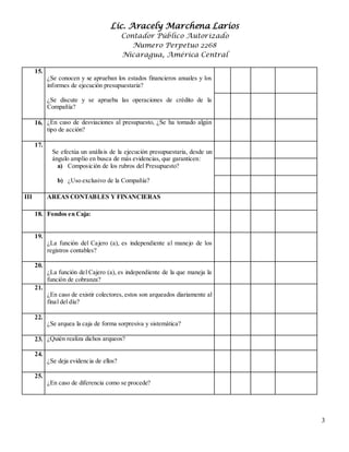 Lic. Aracely Marchena Larios
Contador Público Autorizado
Numero Perpetuo 2268
Nicaragua, América Central
3
15.
¿Se conocen y se aprueban los estados financieros anuales y los
informes de ejecución presupuestaria?
¿Se discute y se aprueba las operaciones de crédito de la
Compañía?
16. 3¿En caso de desviaciones al presupuesto, ¿Se ha tomado algún
tipo de acción?
17.
Se efectúa un análisis de la ejecución presupuestaria, desde un
ángulo amplio en busca de más evidencias, que garanticen:
a) Composición de los rubros del Presupuesto?
b) ¿Uso exclusivo de la Compañía?
III AREAS CONTABLES Y FINANCIERAS
18. I
I
I
Fondos en Caja:
19.
¿La función del Cajero (a), es independiente al manejo de los
registros contables?
20.
¿La función del Cajero (a), es independiente de la que maneja la
función de cobranza?
21.
¿En caso de existir colectores, estos son arqueados diariamente al
final del día?
22.
¿Se arquea la caja de forma sorpresiva y sistemática?
23. ¿Quién realiza dichos arqueos?
24.
¿Se deja evidencia de ellos?
25.
¿En caso de diferencia como se procede?
 