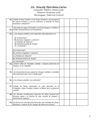 Lic. Aracely Marchena Larios
Contador Público Autorizado
Numero Perpetuo 2268
Nicaragua, América Central
6
51. 5Cuándo ocurren cambios en las firmas libradoras ¿Se incorporan
las nuevas al banco, y con las anteriores se procede de forma
inmediata a eliminarlas?
52. 6
¿Son todos los pagos efectuados a través de cheques y emitidos a
nombre del beneficiario correspondiente?
53. 7¿ Los cheques emitidos están soportados adecuadamente con:
a) ¿Cotizaciones?
b) ¿Facturas originales o contratos?
c) ¿Entradas de Almacén?
d) ¿Solicitud emisión de cheque?
e) ¿Autorizada?
a) ¿Cotizaciones?
b) ¿Facturas originales o contratos?
c) ¿Entradas de Almacén?
d) ¿Solicitud emisión de cheque?
e) ¿Autorizada?
54. 8¿Existen sellos de cancelado, anulado y máquina protectora de
cheques, en la Compañía?
55. 9¿La documentación que soporta los cheques emitidos es mutilada
adecuadamente para evitar el doble pago?
56. 1
0
¿Los cheques anulados son archivados?
57. 1
1
Cuándo las firmas autorizadas no están presentes en la
Compañía, ¿dejan firmados cheques en blanco para su posterior
emisión?
58. 1
2
¿Se efectúan conciliaciones bancarias de forma mensual por
personas ajenas a la función de caja, emisión de cheques y
afectación de registros?
59. 1
3
Al efectuar las conciliaciones bancarias ¿Se examinan las firmas
libradoras y endosos de los cheques devueltos por el banco?
 
