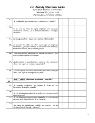 Lic. Aracely Marchena Larios
Contador Público Autorizado
Numero Perpetuo 2268
Nicaragua, América Central
9
82. 7
¿Se verifican los pagos y su registro en los informes contables?
83.
En el caso de retiro de algún empleado, por cualquier
circunstancia o razón, ¿se le deducen préstamos y anticipos
concedidos?
84. V
I
I
Cuentas por cobrar y pagar con empresas relacionadas:
85. ¿Se concilian los saldos por cobrar y por pagar con empresas
relacionadas?, ¿Se deja evidencia en una conciliación de saldos
debidamente firmada por el contador general?
86. ¿Están debidamente autorizadas las partidas por cobrar y por
pagar con las compañías relacionadas?
87. ¿Quién autoriza las cancelaciones y ajustes a estas cuentas por
cobrar y por pagar con empresas relacionadas?
88. ¿Existen registros auxiliares individuales para cada cuenta por
cobrar y por pagar de las empresas del grupo?
VII
INVENTARIOS: (Productos terminados y materiales)
89. 1¿Se autorizan previamente las compras de bienes por los
funcionarios designados para ello?
90.
¿Se efectúan las adquisiciones de acuerdo con el presupuesto y el
plan de compras?
91. 3¿Se efectúan compras que no están autorizadas en el presupuesto
aprobado por la Junta Directiva de la Compañía?
92.
¿Son todas las adquisiciones recibidas en almacén y se les
efectúa su Nota de Entrada a Almacén?
 