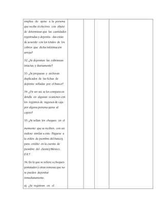 emplea- do ajeno a la persona
que recibe el efectivo, con objeto
de determinar que las cantidades
registradas y deposita- das están
de acuerdo con los totales de los
cobros que dicha información
arroja?
32. ¿Se depositan las cobranzas
intactas, y diariamente?
33. ¿Se preparan y archivan
duplicados de las fichas de
depósito selladas por el banco?
34. ¿De ser así, se les compara en
detalle en algunas ocasiones con
los registros de ingresos de caja
por alguna persona ajena al
cajero?
35. ¿Se sellan los cheques en el
momento que se reciben, con un
endoso similar a éste: Páguese a
la orden de (nombre del banco)
para crédito en la cuenta de
(nombre del cliente) México,
D.F.?
36. En lo que se refiere a cheques
postatados y otras remesas que no
se pueden depositar
inmediatamente:
a) ¿Se registran en el
 
