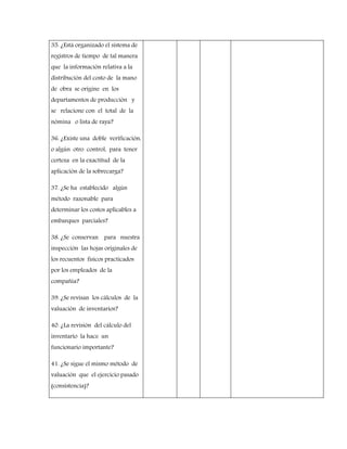 35. ¿Está organizado el sistema de
registros de tiempo de tal manera
que la información relativa a la
distribución del costo de la mano
de obra se origine en los
departamentos de producción y
se relacione con el total de la
nómina o lista de raya?
36. ¿Existe una doble verificación,
o algún otro control, para tener
certeza en la exactitud de la
aplicación de la sobrecarga?
37. ¿Se ha establecido algún
método razonable para
determinar los costos aplicables a
embarques parciales?
38. ¿Se conservan para nuestra
inspección las hojas originales de
los recuentos físicos practicados
por los empleados de la
compañía?
39. ¿Se revisan los cálculos de la
valuación de inventarios?
40. ¿La revisión del cálculo del
inventario la hace un
funcionario importante?
41. ¿Se sigue el mismo método de
valuación que el ejercicio pasado
(consistencia)?
 