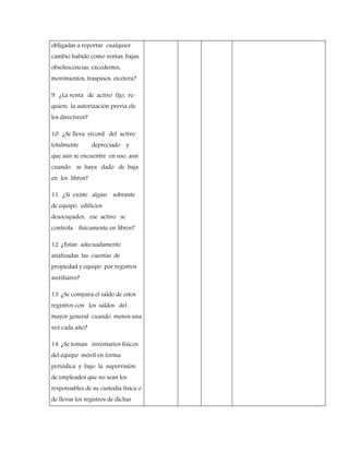 obligadas a reportar cualquier
cambio habido como ventas, bajas,
obsolescencias, excedentes,
movimientos, traspasos, etcétera?
9. ¿La venta de activo fijo, re-
quiere la autorización previa ele
los directivos?
10. ¿Se lleva récord del activo
totalmente depreciado y
que aún se encuentre en uso, aun
cuando se haya dado de baja
en los libros?
11. ¿Si existe algún sobrante
de equipo, edificios
desocupados, ese activo se
controla físicamente en libros?
12. ¿Están adecuadamente
analizadas las cuentas de
propiedad y equipo por registros
auxiliares?
13. ¿Se compara el saldo de estos
registros con los saldos del
mayor general cuando menos una
vez cada año?
14. ¿Se toman inventarios físicos
del equipo móvil en forma
periódica y bajo la supervisión
de empleados que no sean los
responsables de su custodia física o
de llevar los registros de dichas
 