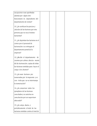 excepciones sean aprobadas
además por algún otro
funcionario in- dependiente del
departamento de ventas?
10. ¿Se verifican los precios y
cálculos de las facturas por otra
persona que no sea el mismo
facturista?
11. ¿Se depositan las facturas en el
correo por el personal de
facturación o se entregan al
departamento postal de la
empresa?
12. ¿Recibe el departamento de
cuentas por cobrar, directa- mente
del de facturación, copias de todas
las facturas emitidas para hacer el
cargo a los clientes?
13. ¿Se usan facturas pre
numeradas por la imprenta y se
con- trola que no se interrumpa
la numeración?
14. ¿Se conservan todos los
ejemplares de las facturas
canceladas y se autoriza su
cancelación por un supervisor
adecuado?
15. ¿Se coteja diaria o
periódicamente el total de las
facturas emitidas contra el total de
 