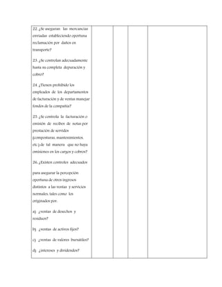 22. ¿Se aseguran las mercancías
enviadas estableciendo oportuna
reclamación por daños en
transporte?
23. ¿Se controlan adecuadamente
hasta su completa depuración y
cobro?
24. ¿Tienen prohibido los
empleados de los departamentos
de facturación y de ventas manejar
fondos de la compañía?
25. ¿Se controla la facturación o
emisión de recibos de notas por
prestación de servidos
(composturas, mantenimientos,
etc.) de tal manera que no haya
omisiones en los cargos y cobros?
26, ¿Existen controles adecuados
para asegurar la percepción
oportuna de otros ingresos
distintos a las ventas y servicios
normales, tales como los
originados por:
a) ¿ventas de desechos y
residuos?
b) ¿ventas de activos fijos?
c) ¿ventas de valores bursátiles?
d) ¿intereses y dividendos?
 