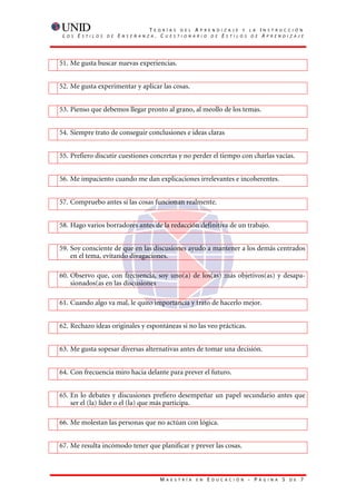 T    E O R Í A S D E L A P R E N D I Z A J E Y L A           I   N S T R U C C I Ó N
 L   O S   E   S T I L O S   D E   E   N S E Ñ A N Z A    . CUESTIONARIO DE ESTILOS DE                               AP R E N D I Z A J E




51. Me gusta buscar nuevas experiencias.


52. Me gusta experimentar y aplicar las cosas.


53. Pienso que debemos llegar pronto al grano, al meollo de los temas.


54. Siempre trato de conseguir conclusiones e ideas claras


55. Prefiero discutir cuestiones concretas y no perder el tiempo con charlas vacías.


56. Me impaciento cuando me dan explicaciones irrelevantes e incoherentes.


57. Compruebo antes si las cosas funcionan realmente.


58. Hago varios borradores antes de la redacción definitiva de un trabajo.


59. Soy consciente de que en las discusiones ayudo a mantener a los demás centrados
    en el tema, evitando divagaciones.

60. Observo que, con frecuencia, soy uno(a) de los(as) más objetivos(as) y desapa-
    sionados(as en las discusiones

61. Cuando algo va mal, le quito importancia y trato de hacerlo mejor.


62. Rechazo ideas originales y espontáneas si no las veo prácticas.


63. Me gusta sopesar diversas alternativas antes de tomar una decisión.


64. Con frecuencia miro hacia delante para prever el futuro.


65. En lo debates y discusiones prefiero desempeñar un papel secundario antes que
    ser el (la) líder o el (la) que más participa.

66. Me molestan las personas que no actúan con lógica.


67. Me resulta incómodo tener que planificar y prever las cosas.



                                                           M   A E S T R Í A   E N   E   D U C A C I Ó N   - P   Á G I N A    5   D E   7
 