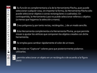 . Su función es complementaria a la de la Herramienta Flecha, pues puede
seleccionar cualquier cosa, sin importar la forma, (la Herramienta Flecha sólo
puede seleccionar objetos o zonas rectangulares o cuadradas). En
contrapartida, la Herramienta Lazo no puede seleccionar rellenos u objetos
(a menos que hagamos la selección a mano).

. Crea polígonos (y por tanto rectas, rectángulos...) de un modo sencillo.

. Esta Herramienta complementa a la Herramienta Pluma, ya que permite
mover o ajustar los vértices que componen los objetos creados con dicha
herramienta.

. Se emplea para cambiar rápidamente el color de un trazo.

. Su misión es "Capturar" colores para que posteriormente podamos
utilizarlos.

. permite seleccionar un objeto en un rectángulo o de acuerdo a la figura
(lazo)
 