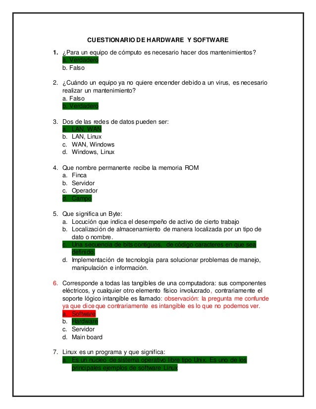 Cuestionario De Hardware Y Software