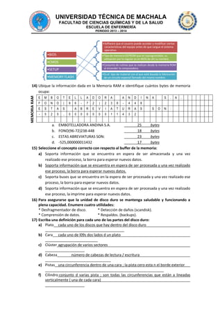 UNIVERSIDAD TÉCNICA DE MACHALA
FACULTAD DE CIENCIAS QUÍMICAS Y DE LA SALUD
ESCUELA DE ENFERMERÍA
PERIODO 2013 – 2014

•Software que el usuario puede acceder y modificar ciertas
características del equipo antes de que cargue el sistema
operativo.

•BIOS

•Tipo de memoria EEPROM que es reprogramable, su
utilización por lo regular es en BIOS de ahí su nombre.

•CMOS

•Conjunto de rutinas que se realizan desde la memoria ROM
al encender la computadora.

•SETUP

•Es el tipo de material con el que está basada la fabricación
de un circuito especial llamado del mismo nombre.

•MEMORY FLASH

MEMORIA RAM

14) Ubique la información dada en la Memoria RAM e identifique cuántos bytes de memoria
ocupa:
E

M

B

O

T

E

L

L

A

D

O

R

A

A

N

D

I

F

O

N

O

(

9

6

-

7

2

)

2

3

8

-

4

4

8

E

S

T

A

S

A

B

R

E

V

I

A

T

U

R

A

S

-

5

2

5

,

0

0

0

0

0

0

1

1

4

3

2

0

N

A
S

S
O

.

N

A

.

:

a. EMBOTELLADORA ANDINA S.A.
25
bytes
b. FONO(96-72)238-448
18
bytes
c. ESTAS ABREVIATURAS SON:
23
bytes
d. -525,000000011432
17
bytes
15) Seleccione el concepto correcto con respecto al buffer de la memoria:
a) Soporta información que se encuentra en espera de ser almacenada y una vez
realizado ese proceso, la borra para esperar nuevos datos.
b) Soporta información que se encuentra en espera de ser procesada y una vez realizado
ese proceso, la borra para esperar nuevos datos.
c) Soporta buses que se encuentra en la espera de ser procesada y una vez realizado ese
proceso, la borra para esperar nuevos datos.
d) Soporta información que se encuentra en espera de ser procesada y una vez realizado
ese proceso, la imprime para esperar nuevos datos.
16) Para asegurarse que la unidad de disco duro se mantenga saludable y funcionando a
plena capacidad. Enumere cuatro utilidades:
* Desfragmentador de disco.
* Detección de daños (scandisk).
* Comprensión de datos.
* Respaldos. (backups).
17) Escriba una definición para cada uno de las partes del disco duro:
a) Plato cada uno de los discos que hay dentro del disco duro
b) Cara

cada uno de l09s dos lados d un plato

c) Clúster agrupación de varios sectores
d) Cabeza

número de cabezas de lectura / escritura

e) Pistas una circunferencia dentro de una cara ; la pista cero esta n el borde exterior
f)

Cilindro conjunto d varias pista ; son todas las circunferencias que están a lineadas
verticalmente ( una de cada cara)

 