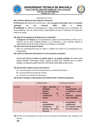 UNIVERSIDAD TÉCNICA DE MACHALA
FACULTAD DE CIENCIAS QUÍMICAS Y DE LA SALUD
ESCUELA DE ENFERMERÍA
PERIODO 2013 – 2014

procesador de 1 GHz.
29) ¿Escriba la diferencia entre software y firmware?
El firmware al conjunto de instrucciones de un programa informático que se encuentra
registrado
en
una
memoria
ROM,
flash
o
similar.
El software se refiere a los programas y datos almacenados en un ordenador. En
otras palabras, son las instrucciones responsables de que el hardware (la máquina)
realice su tarea.

30) ¿Qué son los diagramas de bloques de un ordenador?
El diagrama de bloques es la representación gráfica del funcionamiento interno de un
sistema, que se hace mediante bloques y sus relaciones, y que, además, definen la
organización de todo el proceso interno, sus entradas y sus salidas.

31) ¿Para qué sirven los buses de datos?
Sirve de comunicación para los datos y señales de control en la estructura de un
computador
32) ¿Cuál es la diferencia entre puertos en serie y puertos en paralelo?
La principal diferencia entre un puerto serie y un puerto paralelo. El puerto serie
puede transferir información hacia y desde el disco duro mientras que un puerto
paralelo, en general, puede transmitir información sólo desde el disco duro.

33) ¿Qué función realizan los buses del sistema?
a) Transmite datos entre los componentes de un sistema informático
b) Conecta diferentes partes del sistema
c) Permite la trasmisión de información
34) Escriba 2 ventajas y 2 desventajas entre software libre y software propietario.
Software libre

Software propietario

ventajas

 Mayor seguridad y
fiabilidad,
es
gratuito
 Libertad
de
modificación
y
mejora

 Mayor
compatibilidad con
el hardware y tiene
costo
 Interfaces graficas
mejor diseñadas

desventajas

 Menos
compatibilidad
 Inasistencia
de
garantía, por parte
del autor

 Imposibilidad
de
modificación
 Po lo general suelen
ser menos segura

35) Escriba una característica de cada una de las versiones de Windows más utilizadas y de
Ubuntu.
W8,

 