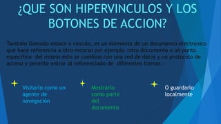 ¿QUE SON HIPERVINCULOS Y LOS
BOTONES DE ACCION?
También llamado enlace o vinculo, es un elemento de un documento electrónico
que hace referencia a otro recurso por ejemplo :otro documento o un punto
especifico del mismo esto se combina con una red de datos y un protocolo de
acceso y permite entrar al referenciado de diferentes formas :
Visitarlo como un
agente de
navegación
Mostrarlo
como parte
del
documento
O guardarlo
localmente
 