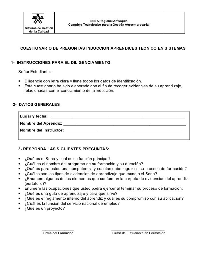 Cuestionario de preguntas induccion sistemas