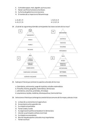 E. Cultivabanpapas,maíz,algodón,quinuaycoca
F. Hacían sacrificioshumanosalosdioses
G. Su formade gobiernoerala teocracia
H. El nombre de su imperioeraTahuantinsuyo
a. A, B,F, H
b. A,C, F, G
c. B, D, E, H
d. C, D, F,G
24. ¿Cuál de las siguientespirámidescorrespondealas clasessocialesde losincas?
25. Subraye el literal que contiene losaportesculturalesde losincas
a. Calendarios,astronomía,juegode lapelota,estudiosmatemáticos
b. Filosofía,historia,geografía,matemáticas,democracia
c. calendarios,columnas,pirámides,chinampas
d. arquitectura,tejidos,medicina,idiomaquechua,CaminodelInca
26. Seleccione el literal que contengalascaracterísticascomunesde losmayas,aztecase incas
A. La base de su economíaera laagricultura
B. Se asentaronjuntoa grandesríos
C. Su religiónerapoliteísta
D. Tenían arado yrueda
E. Su organizaciónpolíticase basabaenla democracia
F. Uno de susprincipalescultivoserael maíz
G. Su religióneramonoteísta
H. Noshan dejadoaportesculturalesmuyimportantes
I. Tenían escritura
HALAC
UINIC
SACERDOTES
NOBLES
PUEBLO
ESCLAVOS
BRAHMANES
CHATRIAS
VAISHIAS
SHUDRAS
INTOCABLES
REY
CONSEJO
SUPREMO
NOBLEZAY
SEÑORES
COMERCIANTES
CAMPESINOS YARTESANOS
SIERVOS Y ESCLAVOS
INCA
AUQUI
PANACAS Y
NOBLEZA
HATUN RUNA
MITIMAES
YANACONAS
A B
C D
 