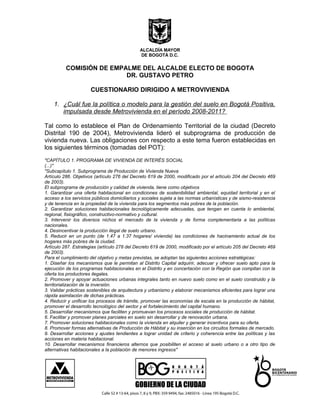 Cuestionario de la Comisión de Empalme Sector Hábitat contestada por Metrovivienda
