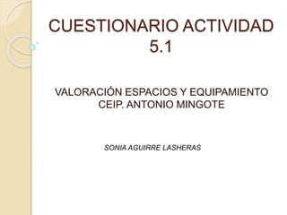 CUESTIONARIO ACTIVIDAD
5.1
VALORACIÓN ESPACIOS Y EQUIPAMIENTO
CEIP. ANTONIO MINGOTE
SONIA AGUIRRE LASHERAS
 