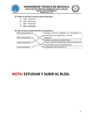UNIVERSIDAD TÉCNICA DE MACHALA
FACULTAD DE CIENCIAS QUÍMICAS Y DE LA SALUD
ESCUELA DE ENFERMERÍA
PERIODO 2013 – 2014

29. Señale en qué fecha se inició la Quinta Generación:
a. 1971 – al presente
b. 1974 – al presente
c. 1981 – al presente
d. 1983 – al presente
30. Una con líneas la clasificación de las computadoras.
Macrocomputadoras
Procesan enormes cantidades de información en
poco tiempo y son dedicadas a una tarea
Microcomputadoras
específica.
También conocidas como Mainframes.
Supercomputadoras
Tienen un sistema multiproceso capaz de soportar de
10 hasta 200 usuarios simultáneamente.
Minicomputadoras
Computadoras Personales (PC´s)

NOTA: ESTUDIAR Y SUBIR AL BLOG.

6

 