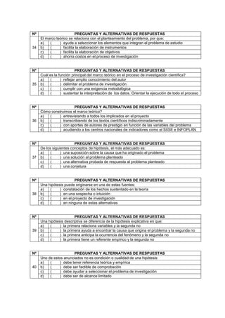 Nº PREGUNTAS Y ALTERNATIVAS DE RESPUESTAS
34
El marco teórico se relaciona con el planteamiento del problema, por que:
a) ( ) ayuda a seleccionar los elementos que integran el problema de estudio
b) ( ) facilita la elaboración de instrumentos
c) ( ) facilita la elaboración de objetivos
d) ( ) ahorra costos en el proceso de investigación
Nº PREGUNTAS Y ALTERNATIVAS DE RESPUESTAS
35
Cuál es la función principal del marco teórico en el proceso de investigación científica?
a) ( ) reflejar amplio conocimiento del autor
b) ( ) delimitar el problema de investigación
c) ( ) cumplir con una exigencia metodológica
d) ( ) sustentar la interpretación de los datos. Orientar la ejecución de todo el proceso
Nº PREGUNTAS Y ALTERNATIVAS DE RESPUESTAS
36
Cómo construimos el marco teórico?
a) ( ) entrevistando a todos los implicados en el proyecto
b) ( ) transcribiendo de los textos científicos indiscriminadamente
c) ( ) con aportes de autores de prestigio en función de las variables del problema
d) ( ) acudiendo a los centros nacionales de indicadores como el SIISE e INFOPLAN
Nº PREGUNTAS Y ALTERNATIVAS DE RESPUESTAS
37
De los siguientes conceptos de hipótesis, el más adecuado es:
a) ( ) una suposición sobre la causa que ha originado el problema
b) ( ) una solución al problema planteado
c) ( ) una alternativa probada de respuesta al problema planteado
d) ( ) una conjetura
Nº PREGUNTAS Y ALTERNATIVAS DE RESPUESTAS
38
Una hipótesis puede originarse en una de estas fuentes:
a) ( ) constatación de los hechos sustentado en la teoría
b) ( ) en una sospecha o intuición
c) ( ) en el proyecto de investigación
d) ( ) en ninguna de estas alternativas
Nº PREGUNTAS Y ALTERNATIVAS DE RESPUESTAS
39
Una hipótesis descriptiva se diferencia de la hipótesis explicativa en que:
a) ( ) la primera relaciona variables y la segunda no
b) ( ) la primera ayuda a encontrar la causa que origina el problema y la segunda no
c) ( ) la primera anticipa la ocurrencia del fenómeno y la segunda no
d) ( ) la primera tiene un referente empírico y la segunda no
Nº PREGUNTAS Y ALTERNATIVAS DE RESPUESTAS
40
Uno de estos anunciados no es condición o cualidad de una hipótesis:
a) ( ) debe tener referencia teórica y empírica
b) ( ) debe ser factible de comprobación
c) ( ) debe ayudar a seleccionar el problema de investigación
d) ( ) debe ser de alcance limitado
 