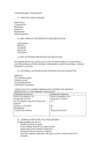 CUESTIONARIO “PARASITOS”

   1) TIPOS DE ASOCIACIONES

Inquinilismo
Comensalismo
Metalismo
Simbiosis
Depredación
Hiperparasitismo

   2) QUE TIPOS DE HUESPEDES PUEDE MENCIONAR

   Intermediario
   Definitivo
   Accidental
   Reservorio
   Transmisor

   3) QUE ENTIENDE POR FUENTE DE INFECCION

Son aquellas fuentes que a partir de los cuales el hombre adquiere la enfermedad, y
entre ellas podemos nombrar alimentos contaminados, insectos hematófagos, animales
domésticos y silvestres.

   4) ENUMERE LAS PUERTAS DE ENTRADA DE LOS PARASITOS

Inhalación
Vía subcutánea (piel)
Contacto sexual
Vía transplacentaria
Trasfusiones sanguíneas

5) REALIZA UN CUADRO COMPARATIVO ENTRE ENTAMOEBA
HISTOLYTICA Y ENTAMOEBA GINGIVALIS.
Entamoeba hystolytica                    Entamoeba Gingivalis
Puede ser patógena o no                  Puede ser patógena o no
Tropozoito es móvil                      Tropozoito es móvil
Se ven glóbulos rojos en el interior del No
parásito.
Aparece como quiste                      No
Seudópodos                               Si
Transmisión indirecta                    Transmisión directa



   6) ¿COMO SE PREVIENE UNA PARASITOSIS?
   Usando medidas preventivas:
   - Potabilización de las aguas
   - Evitar caminar descalzo en campos rurales
   - Desparasitación de animales domésticos
   - Eliminación de los insectos y roedores
   - Servicios sanitarios adecuados adecuada cocción y conservación de los
      alimentos
 