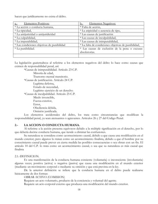 hacen que jurídicamente no exista el delito.
a.- Elementos Positivos: b.- Elementos Negativos:
* La acción o conducta humana, * Falta de acción,
* La tipicidad, * La atipicidad o ausencia de tipo,
* La antijuricidad o antijuridicidad * Las causas de justificación
* La culpabilidad, * Las causas de inculpabilidad,
* La imputabilidad, * Las causas de inimputabilidad,
* Las condiciones objetivas de punibilidad * La falta de condiciones objetivas de punibilidad,
* La punibilidad. * Las causas de exclusión de la pena o excusas
absolutorias.
La legislación guatemalteca al referirse a los elementos negativos del delito lo hace como causas que
eximen de responsabilidad penal, así:
*Causas de inimputabilidad. Artículo 23 C.P.
Minoría de edad,
Trastorno mental transitorio.
*Causas de justificación. Artículo 24 C.P.
Legítima defensa,
Estado de necesidad,
Legítimo ejercicio de un derecho.
*Causas de inculpabilidad. Artículo 25 C.P.
Miedo invencible,
Fuerza exterior,
Error,
Obediencia debida,
Omisión justificada.
Los elementos accidentales del delito, los trata como circunstancias que modifican la
responsabilidad penal, ya sean atenuantes o agravantes. Artículos 26 y 27 del Código Penal.
2.- LA ACCION O CONDUCTA HUMANA.
Al referirse a la acción presenta equívocos debido a la múltiple significación en el derecho, por lo
que debería decirse conducta humana, que tiende a eliminar las confusiones.
Su naturaleza se considera como acontecimiento causal, debido a que causa una modificación en el
mundo exterior; pero algunos lo tratan como un acontecimiento finalista, debido a que el hombre por su
conocimiento causal puede prever en cierta medida las posibles consecuencias o sea obran con un fin. El
artículo 10 del C.P. lo trata como un acontecimiento causal, o sea que su naturaleza es más causal que
finalista
2.1.-DEFINICION.
Es una manifestación de la conducta humana consiente (voluntaria) o inconsciente (involuntaria)
algunas veces; positiva (activa) o negativa (pasiva) que causa una modificación en el mundo exterior
(mediante un movimiento corporal o mediante su omisión y que está prevista en la ley.
De la anterior definición se infiere que la conducta humana en el delito puede realizarse
básicamente de dos formas:
OBRAR ACTIVO (COMISION)
Requiere un acto voluntario, producto de la conciencia y voluntad del agente.
Requiere un acto corporal externo que produzca una modificación del mundo exterior.
18
 