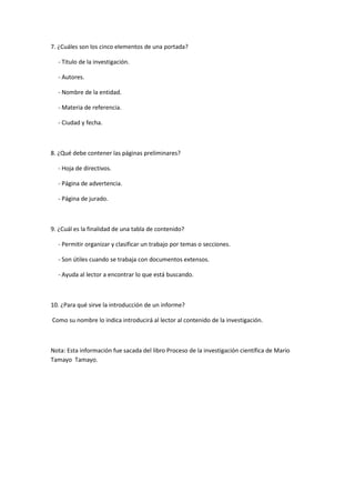 Cuestionario  presentacion de informes