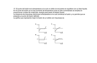 17. El punto de fusión es la temperatura a la cual un sólido se encuentra en equilibrio con su fase líquida.
En el punto de fusión ya no hay aumento de temperatura pues el calor suministrado se emplea en
proporcionar a todas las moléculas, energía para pasar al estado líquido.
La presencia de impurezas disminuye la temperatura a la cual comienza la fusión y no permite que se
presente un punto de fusión definido.
La gráfica que representa mejor la fusión de un sólido con impurezas es
 