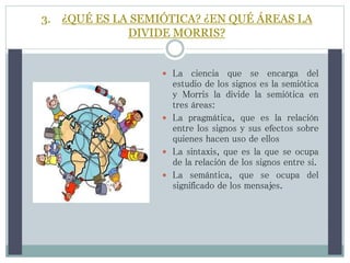3. ¿QUÉ ES LA SEMIÓTICA? ¿EN QUÉ ÁREAS LA
DIVIDE MORRIS?
 La ciencia que se encarga del
estudio de los signos es la semiótica
y Morris la divide la semiótica en
tres áreas:
 La pragmática, que es la relación
entre los signos y sus efectos sobre
quienes hacen uso de ellos
 La sintaxis, que es la que se ocupa
de la relación de los signos entre si.
 La semántica, que se ocupa del
significado de los mensajes.
 