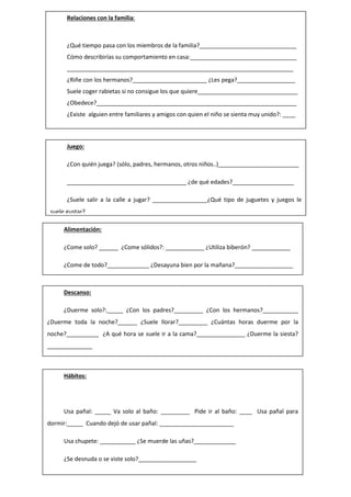 Relaciones con la familia:
¿Qué tiempo pasa con los miembros de la familia?______________________________
Cómo describirías su comportamiento en casa:_________________________________
______________________________________________________________________
¿Riñe con los hermanos?_______________________ ¿Les pega?__________________
Suele coger rabietas si no consigue los que quiere_______________________________
¿Obedece?______________________________________________________________
¿Existe alguien entre familiares y amigos con quien el niño se sienta muy unido?: ____
______________________________________________________________________
Juego:
¿Con quién juega? (sólo, padres, hermanos, otros niños..)_________________________
_____________________________________ ¿de qué edades?___________________
¿Suele salir a la calle a jugar? _________________¿Qué tipo de juguetes y juegos le
suele gustar?____________________________________________________________
______________________________________________________________________Alimentación:
¿Come solo? ______ ¿Come sólidos?: ____________ ¿Utiliza biberón? ____________
¿Come de todo?_____________ ¿Desayuna bien por la mañana?__________________
Descanso:
¿Duerme solo?:_____ ¿Con los padres?_________ ¿Con los hermanos?___________
¿Duerme toda la noche?______ ¿Suele llorar?_________ ¿Cuántas horas duerme por la
noche?__________ ¿A qué hora se suele ir a la cama?_______________ ¿Duerme la siesta?
______________
¿Necesita alguna luz, objeto o acción para dormir?_____________
______________________________________________________________________
Hábitos:
Usa pañal: _____ Va solo al baño: _________ Pide ir al baño: ____ Usa pañal para
dormir:_____ Cuando dejó de usar pañal: _______________________
Usa chupete: ___________ ¿Se muerde las uñas?_____________
¿Se desnuda o se viste solo?__________________
¿Cuánto tiempo ve la televisión?______ ¿Qué tipo de programas ve?_______________
______________________________________________________________________
 