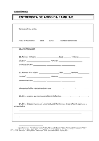 CUESTIONARIO 21
ENTREVISTA DE ACOGIDA FAMILIAR
Nombre del niño o niña:
Fecha de Nacimiento: Edad: Curso: Fecha de la entrevista
1.DATOS FAMILIARES
1.1. Nombre del Padre: _________________________Edad: ________ Teléfono:____________
Estudios1
: __________________________ Profesión: __________________________
Idiomas que habla: ______________, _______________, _______________
1.2. Nombre de la Madre: ______________________Edad: ________ Teléfono:____________
Estudios1
: __________________________ Profesión: __________________________
Idiomas que habla: ______________, _______________, _______________
Idiomas que hablan habitualmente en casa: _____________, ____________, _______________,
1.3. Otras personas que convivan en el domicilio familiar: _________, _________, _________,
1.4. Otros datos de importancia sobre la situación familiar que desee reflejar la-s persona-s
entrevistada-s
________________________________________________________________________________
__________________________________________________________________________
_____________________________________________________________________________
1
Especificar si son “Certificado Escolar” (CE); “Graduado Escolar” (GE); “Formación Profesional” I ó II
(FPI ó FPII); “Bachiller “ (BCH); COU; “Diplomado”(DP); Licenciado (LDO); Doctor. (Dr.)
 