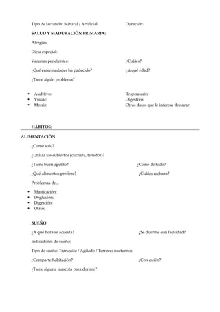 Tipo de lactancia: Natural / Artificial Duración:
SALUD Y MADURACIÓN PRIMARIA:
Alergias:
Dieta especial:
Vacunas pendientes: ¿Cuáles?
¿Qué enfermedades ha padecido? ¿A qué edad?
¿Tiene algún problema?
 Auditivo: Respiratorio:
 Visual: Digestivo:
 Motriz: Otros datos que le interese destacar:
HÁBITOS:
ALIMENTACIÓN
¿Come solo?
¿Utiliza los cubiertos (cuchara, tenedor)?
¿Tiene buen apetito? ¿Come de todo?
¿Qué alimentos prefiere? ¿Cuáles rechaza?
Problemas de...
 Masticación:
 Deglución:
 Digestión:
 Otros:
SUEÑO
¿A qué hora se acuesta? ¿Se duerme con facilidad?
Indicadores de sueño:
Tipo de sueño: Tranquilo / Agitado / Terrores nocturnos
¿Comparte habitación? ¿Con quién?
¿Tiene alguna mascota para dormir?
 