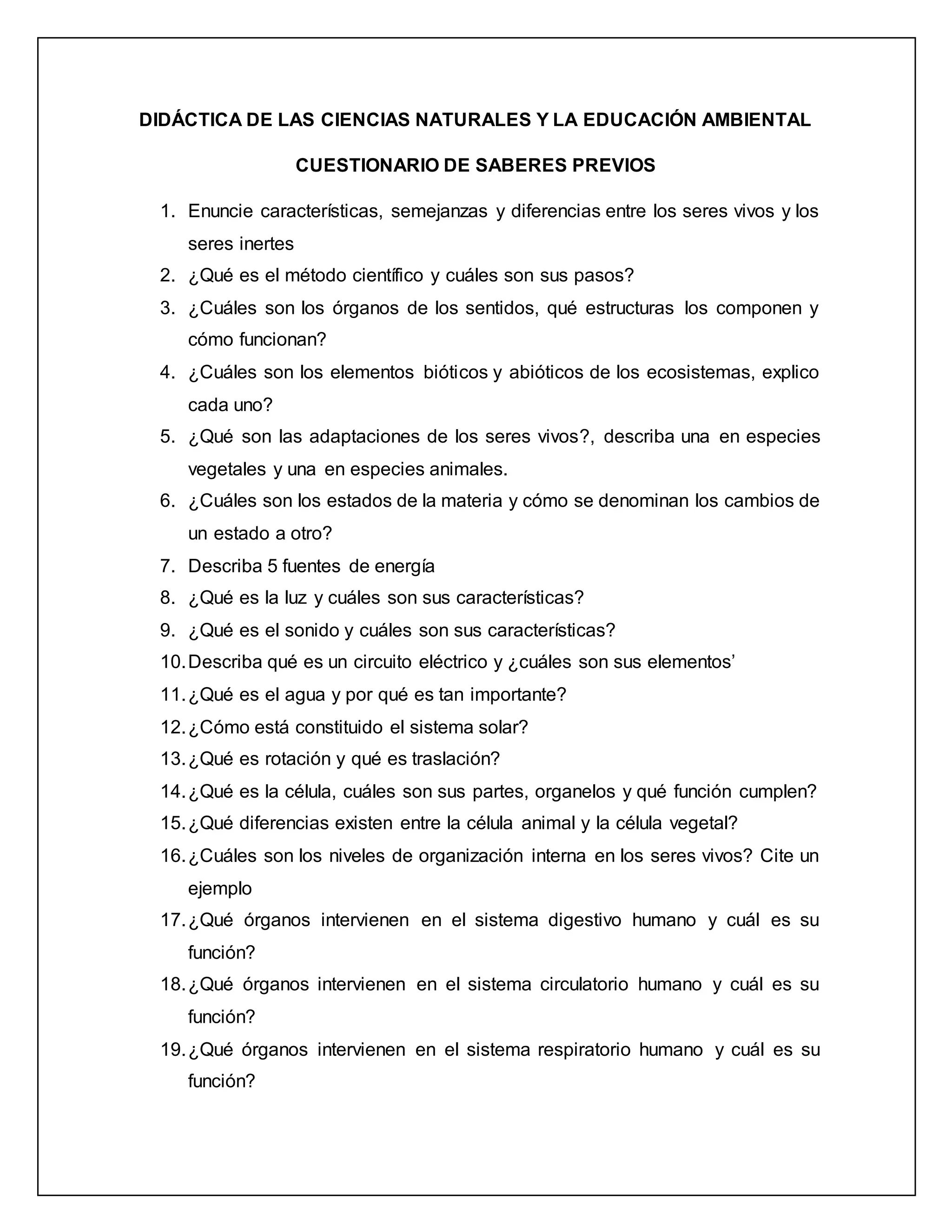 Cuestionario, saberes previos | DOCX