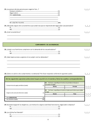 6
23. ¿La postura de esta persona para negociar fue:...? |__|__|
- Siempre violenta; o.....................................................................................................(1)
- Negociadora.................................................................................................................(2)
- Otro (ESPECIFICAR)_____________________________________________________(3)
- ____________________________________________________________________
- ____________________________________________________________________
- ____________________________________________________________________
- No sabe/ No recuerda ................................................................................................(88)
24. ¿Recuerda alguna otra característica que usted crea que es importante del negociador (secuestrador)? |__|__|
- SÍ.....................................................................................................................................(1)
- NO ..................................................................................................................................(2)
25. ¿Cuál característica? |__|__|
_______________________________________________________________________________________________________
_______________________________________________________________________________________________________
CUMPLIMIENTO DE LAS EXIGENCIAS
26. ¿Usted o sus familiares cumplieron con la demanda de los secuestradores ? |__|__|
- SÍ.....................................................................................................................................(1)
- NO ..................................................................................................................................(2)
27. ¿Qué repercusiones surgieron al no cumplir con las demandas? |__|__|
_______________________________________________________________________________________________________
_______________________________________________________________________________________________________
_______________________________________________________________________________________________________
28 ¿Cómo se cubrió o dio cumplimiento a la demanda? Por favor responda conforme el siguiente cuadro. |__|__|
29. Durante el pago de las exigencias, ¿se involucró a alguna autoridad, funcionario, negociador o empresa? |__|__|
- SÍ.....................................................................................................................................(1)
- NO ..................................................................................................................................(2)
30. ¿La víctima fue liberada? |__|__|
- SÍ.....................................................................................................................................(1)
- NO ..................................................................................................................................(2)
Monto Periodo |__|__|
|__|__|
Monto Plazo |__|__|
|__|__|
- Otro (ESPECIFICAR) (3)
- No sabe/Norecuerda (88)
De las siguientes opciones seleccione la que ocurrió en el evento y llene los cuadros correspondientes.
- Compromisode pagos periódicos (cuotas) (1)
28. Por favor, especifiqueelmontoy los periodos enlos que se
realizaban los pagos.
- Exigencia desumas de dinero(no cuotas) (2)
29. Por favor, especifiqueelmontoy el plazo queledieronpara realizar
el pago.
 