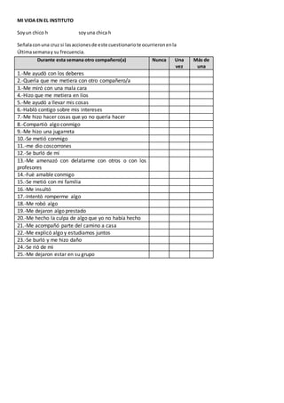 MI VIDA EN EL INSTITUTO
Soyun chico h soyuna chica h
Señalaconuna cruz si lasaccionesde este cuestionariote ocurrieronenla
Últimasemanay su frecuencia.
Durante esta semana otro compañero(a) Nunca Una
vez
Más de
una
1.-Me ayudó con los deberes
2.-Querìa que me metiera con otro compañero/a
3.-Me miró con una mala cara
4.-Hizo que me metiera en líos
5.-Me ayudó a llevar mis cosas
6.-Hablò contigo sobre mis intereses
7.-Me hizo hacer cosas que yo no quería hacer
8.-Compartiò algo conmigo
9.-Me hizo una jugarreta
10.-Se metió conmigo
11.-me dio coscorrones
12.-Se burló de mí
13.-Me amenazó con delatarme con otros o con los
profesores
14.-Fuè amable conmigo
15.-Se metió con mi familia
16.-Me insultó
17.-Intentò romperme algo
18.-Me robó algo
19.-Me dejaron algo prestado
20.-Me hecho la culpa de algo que yo no había hecho
21.-Me acompañó parte del camino a casa
22.-Me explicó algo y estudiamos juntos
23.-Se burló y me hizo daño
24.-Se rió de mì
25.-Me dejaron estar en su grupo
 